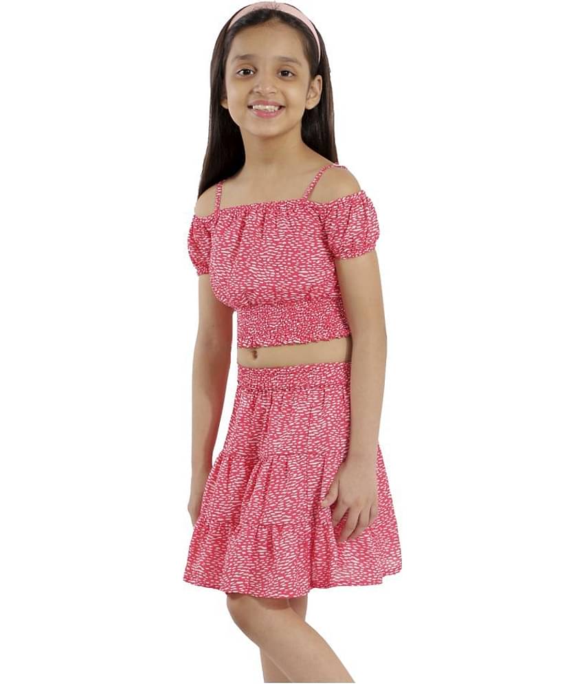 Kids Cave Pack of 1 Girls Crepe Top With Skirt ( Orange )