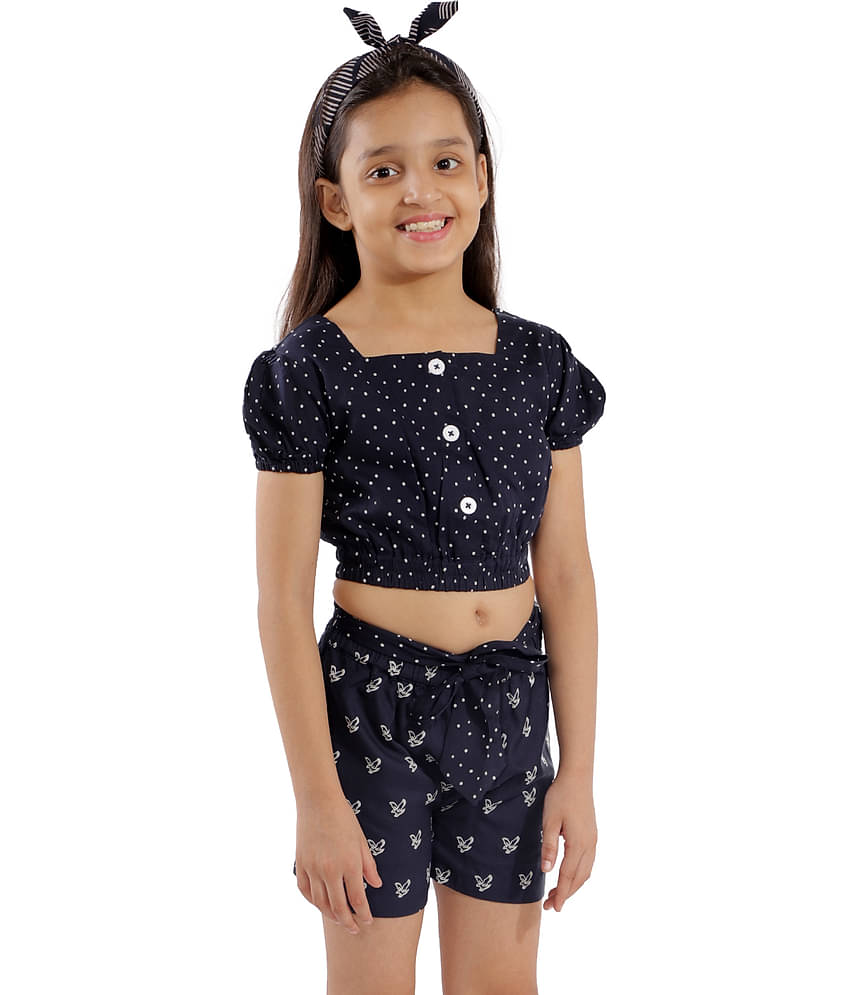Kids Cave Pack of 1 Girls Rayon Top With Shorts ( Navy Blue )