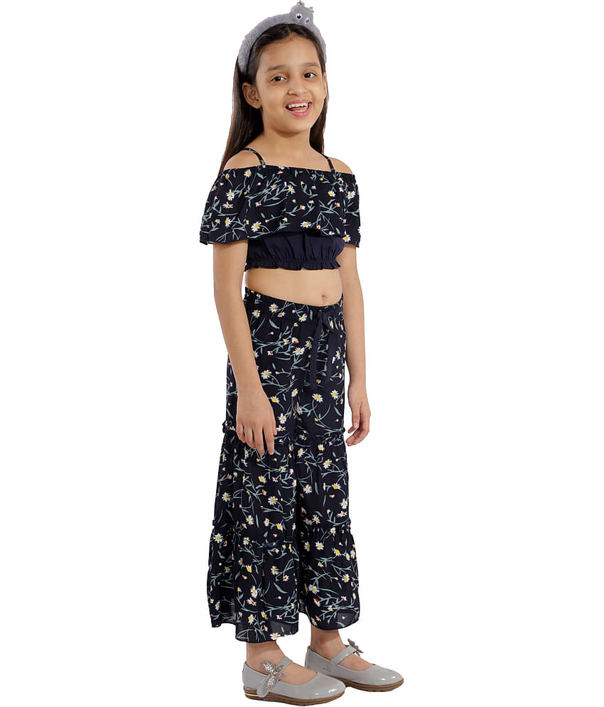 Kids Cave Pack of 1 Girls Crepe Top With Palazzo ( Navy Blue )