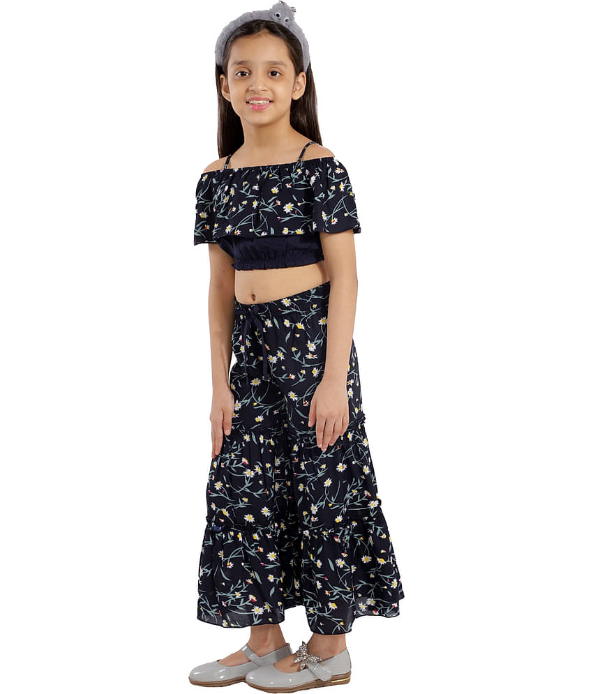 Kids Cave Pack of 1 Girls Crepe Top With Palazzo ( Navy Blue )