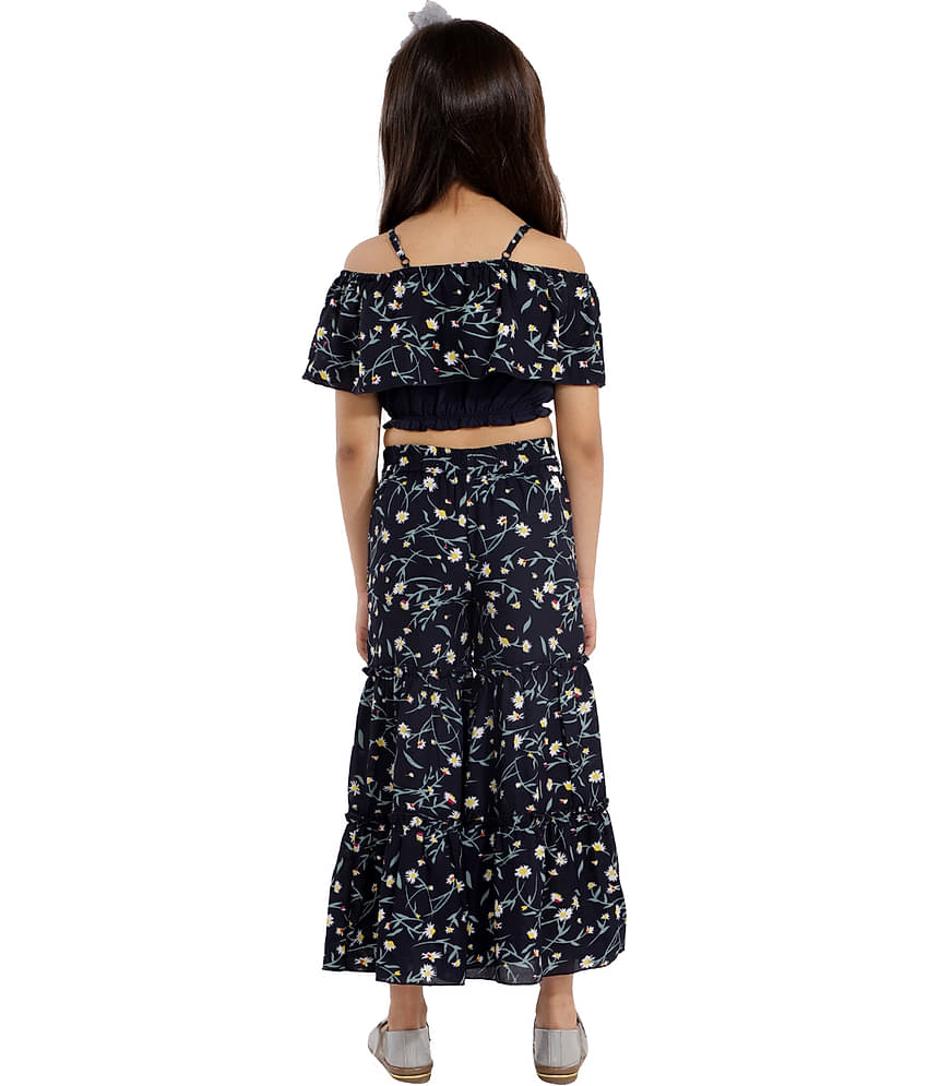 Kids Cave Pack of 1 Girls Crepe Top With Palazzo ( Navy Blue )