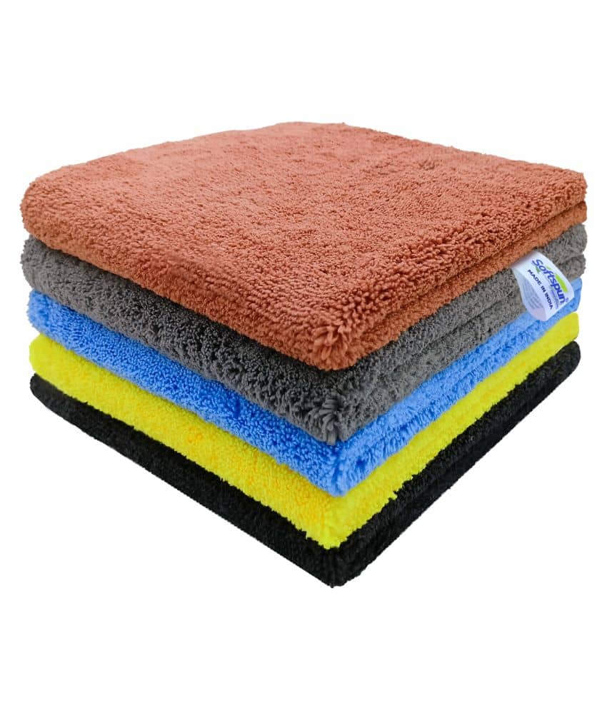 SOFTSPUN Microfiber High Loop Cleaning Cloths, 40x40 cms 5 pcs Towel Set 380 GSM (Multi-Color). Thick Lint & Streak-Free Multipurpose Cloths.