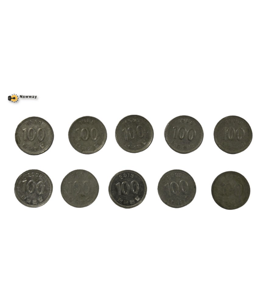     			(Pack of 10) 100 Won Mix Year South Korea Coins Extremely Rare 10 Pcs Pack Combo Coins  --- Buyer May Get Different Condition Coins----