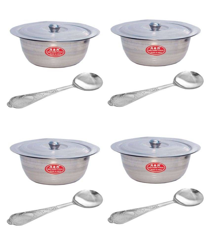     			A & H ENTERPRISES Set of 4 Pc Serving Bowls With Lid ( Dongas ) & 4 Serving Spoon - Stainless Steel