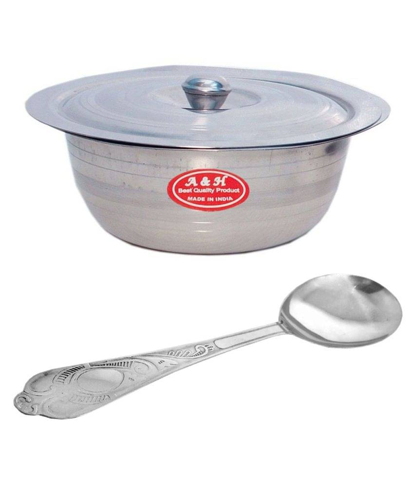 A & H ENTERPRISES Set of 1 Pc Serving Bowls With Lid ( Dongas ) & 1 Serving Spoon - Stainless Steel A & H ENTERPRISES Set of 1 Pc Serving Bowls With Lid ( Dongas ) & 1 Serving Spoon - Stainless Steel