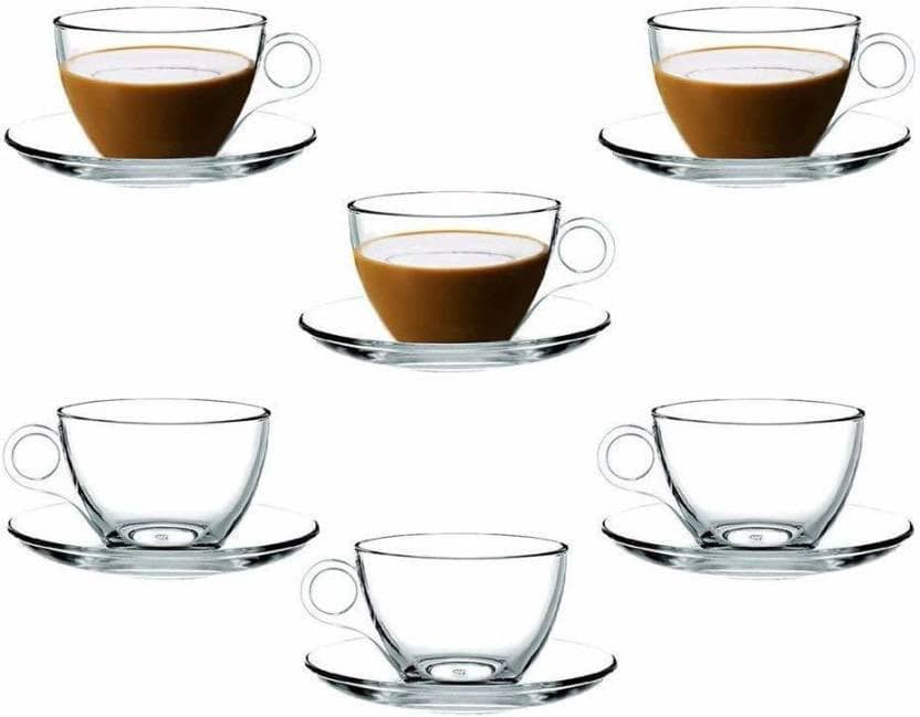 Somil Glass Cup & Saucer, Transparent, Pack Of 6, 170 ml