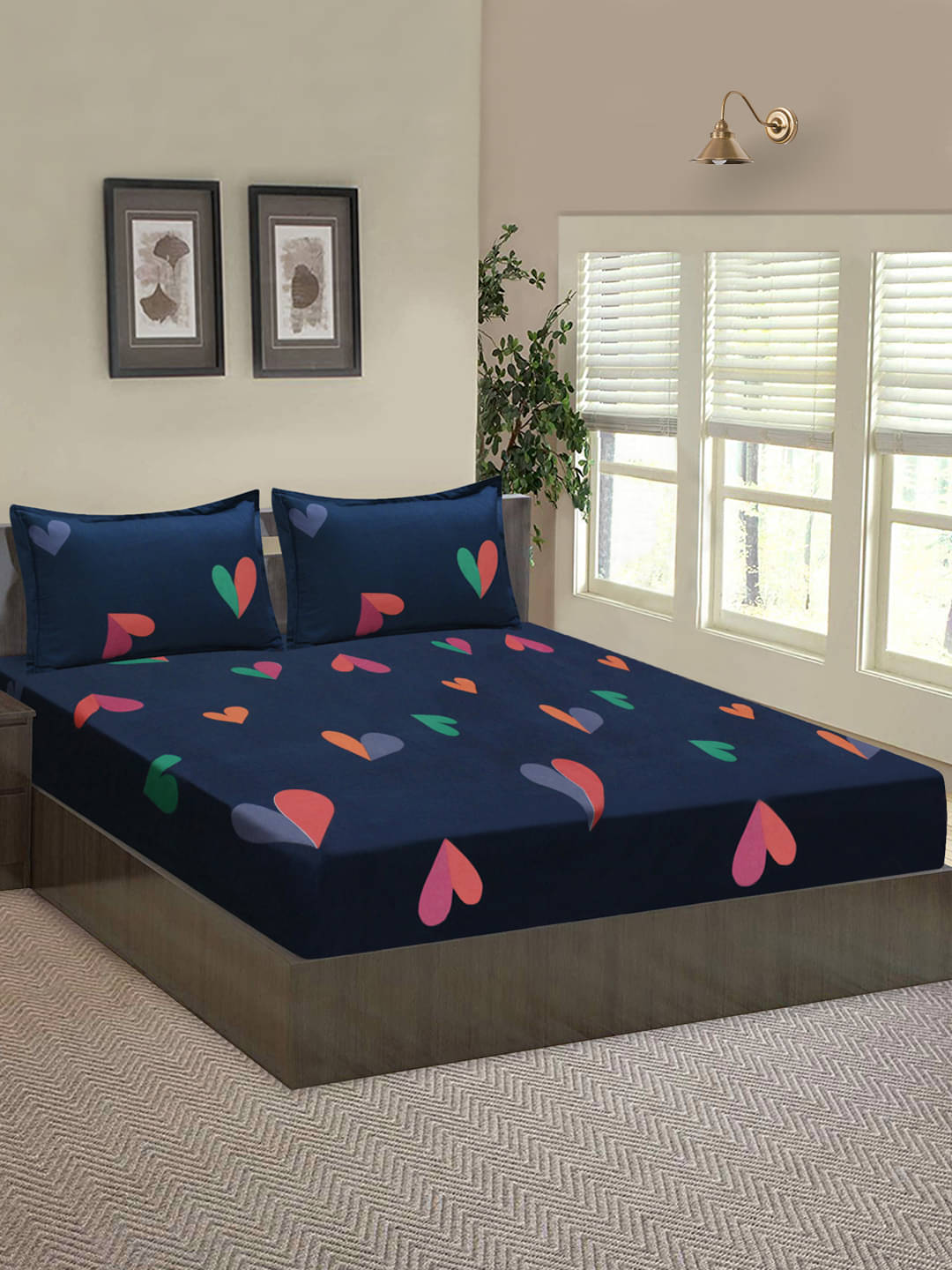     			Home Candy Microfiber Graphics Double Bedsheet with 2 Pillow Covers- Navy Blue