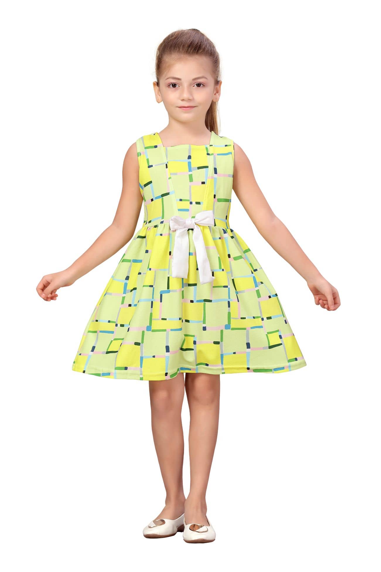 K&U Cotton Blend A-line For Girls ( Pack of 1 , Yellow )