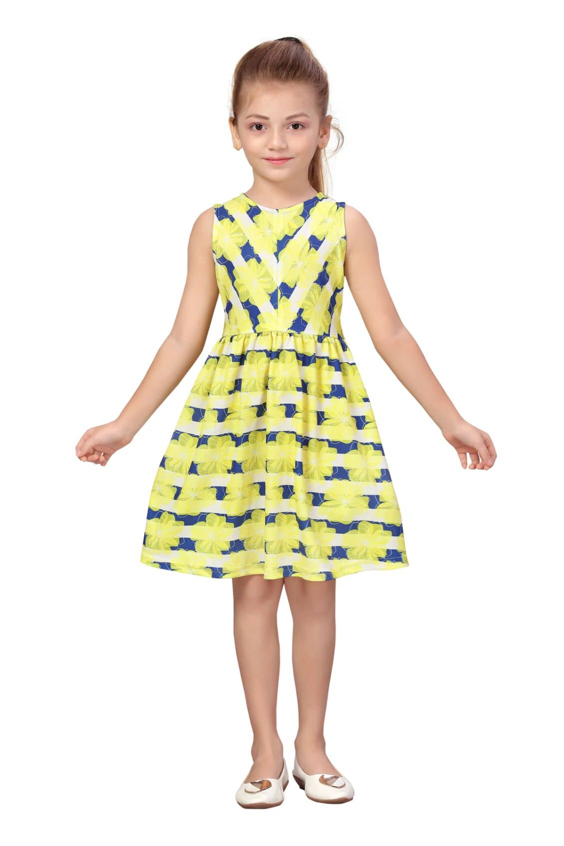 K&U Cotton Blend A-line For Girls ( Pack of 1 , Yellow & Blue )