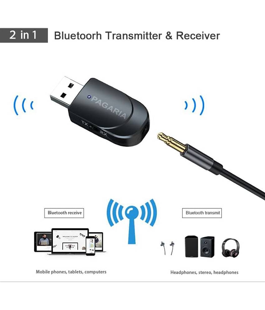 Pagaria 2 in 1 Bluetooth 5.0 Transmitter Receiver 3.5mm Stereo Audio Adapter with Easy Slide Switch Mode, Model: KN330- Microphone Buit In- (6 Months Seller Warranty)