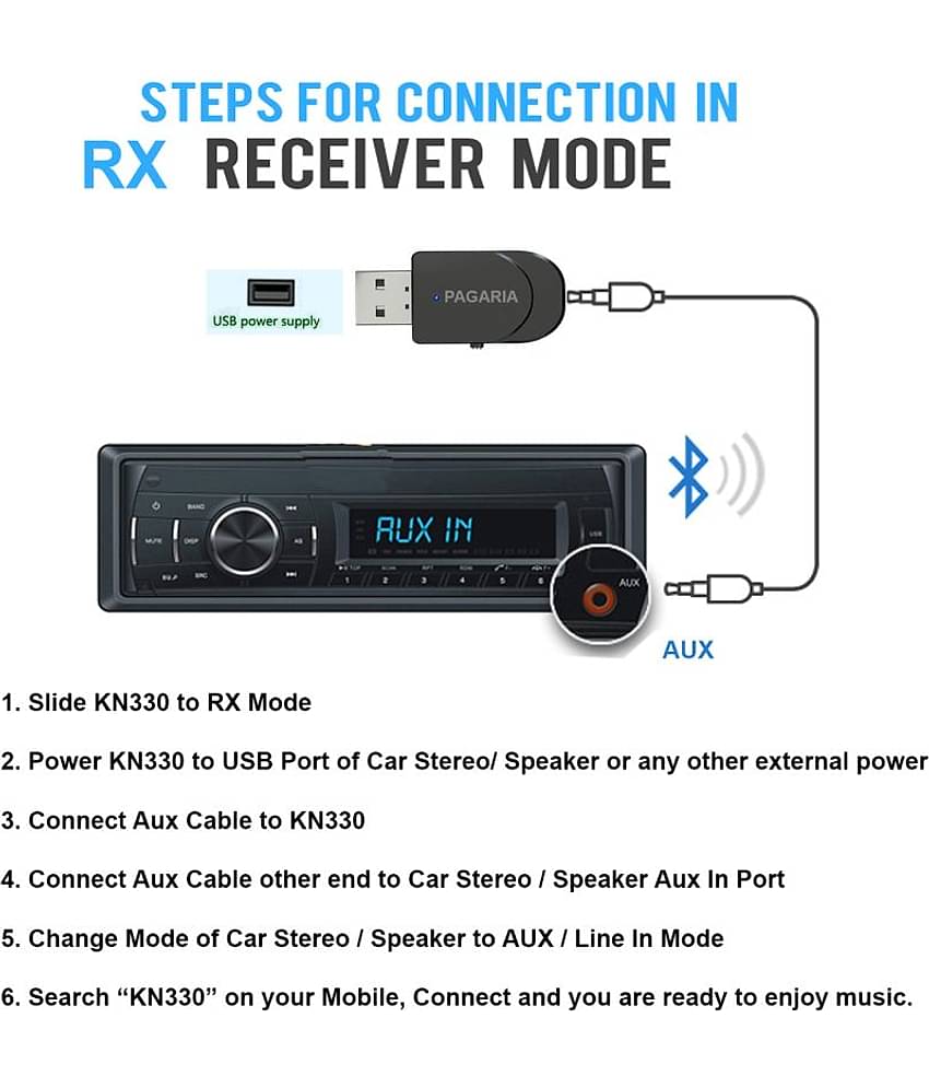 Pagaria 2 in 1 Bluetooth 5.0 Transmitter Receiver 3.5mm Stereo Audio Adapter with Easy Slide Switch Mode, Model: KN330- Microphone Buit In- (6 Months Seller Warranty)