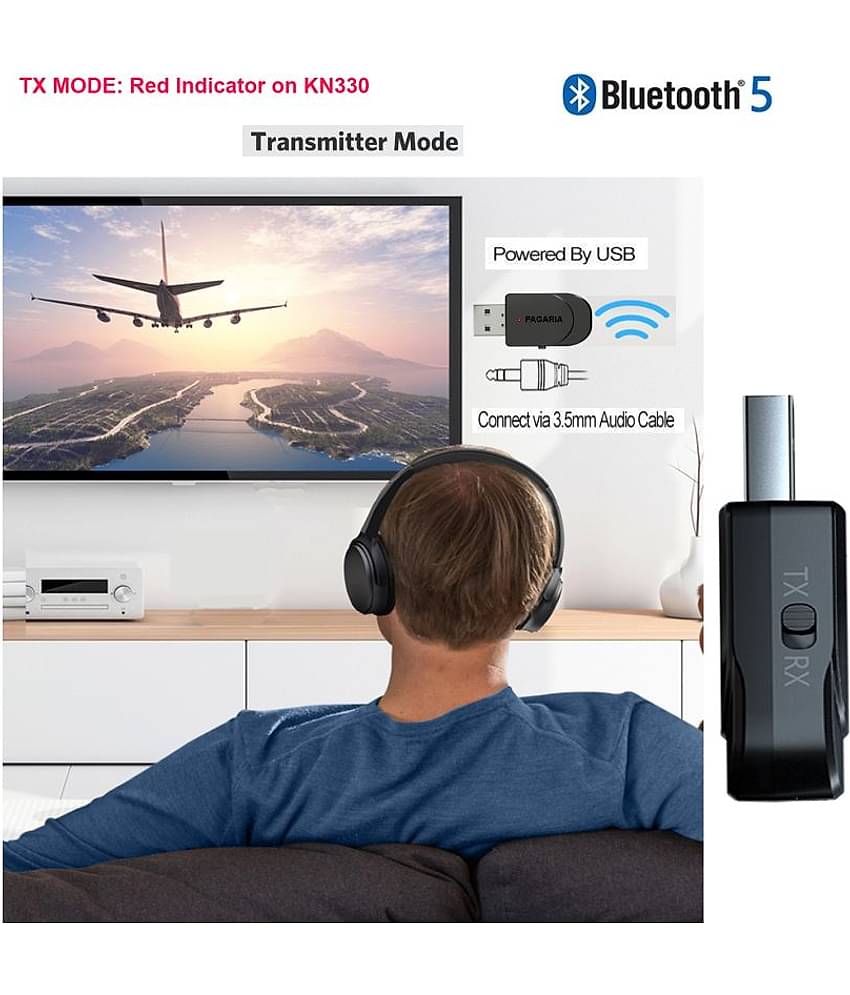 Pagaria 2 in 1 Bluetooth 5.0 Transmitter Receiver 3.5mm Stereo Audio Adapter with Easy Slide Switch Mode, Model: KN330- Microphone Buit In- (6 Months Seller Warranty)