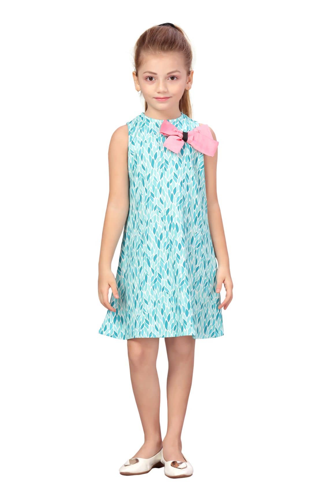 K&U Cotton Blend A-line For Girls ( Pack of 1 , White & Green )