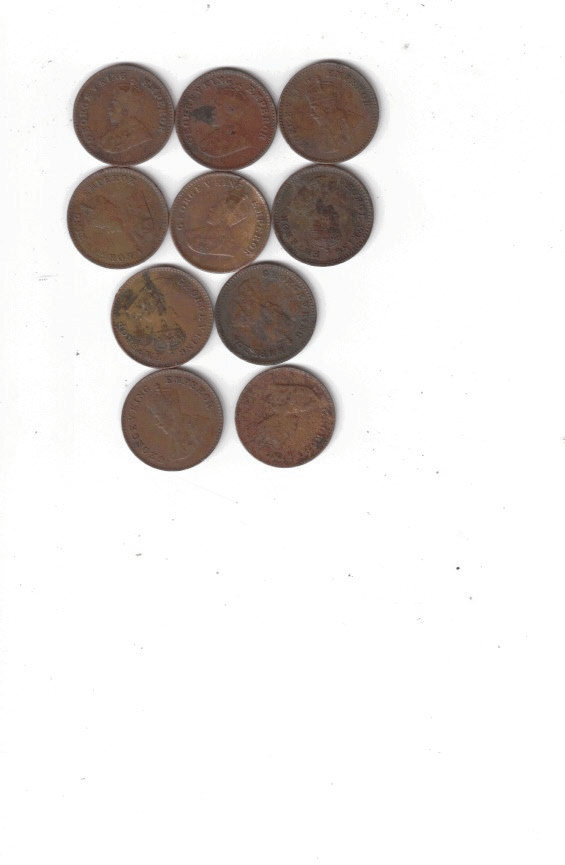     			10 PCS USED GEORGE V  ONE QUARTER AANA  MIX YEAR MIX MINT SEE PHOTO