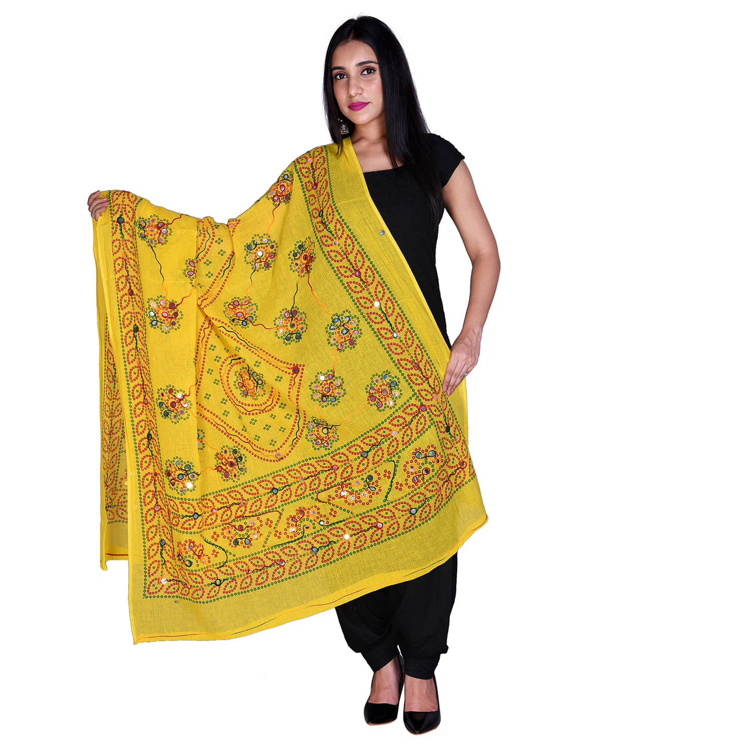     			Raj Yellow Cotton Aari Embroidered Dupatta - Single