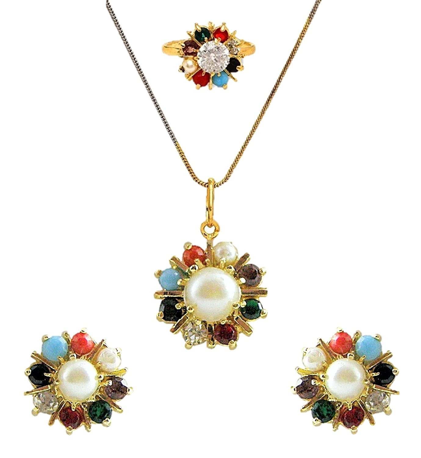 Pujvi Fashion AD gold  plated Navrattan Pendant set with Ring for womens and girls