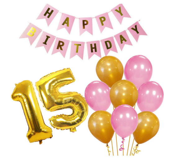     			Blooms Event Memorable   15th  HBD   pink  and Golden combo set