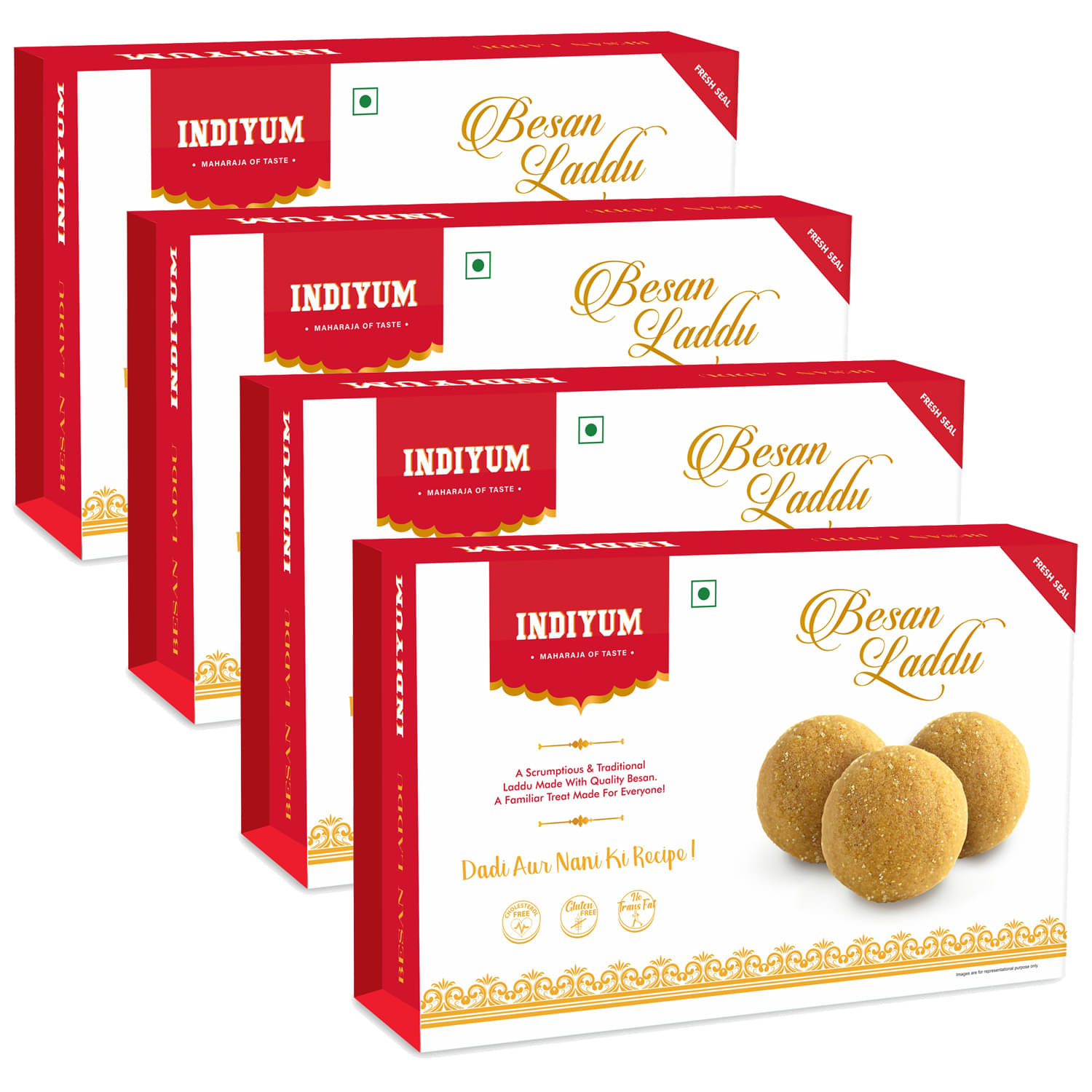 Indiyum Sweet Mithai Besan Laddu 200gm (Pack of 4)     			Indiyum Sweet Mithai Besan Laddu 200gm (Pack of 4)