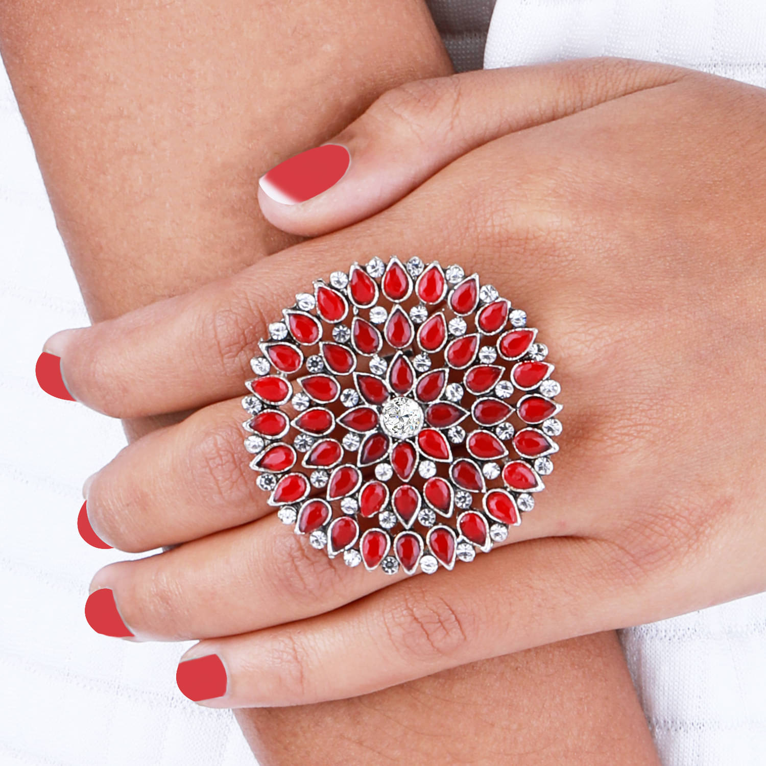     			Stylish Look Adjustable Traditional Silver Tone Finger Ring For Women And Girl