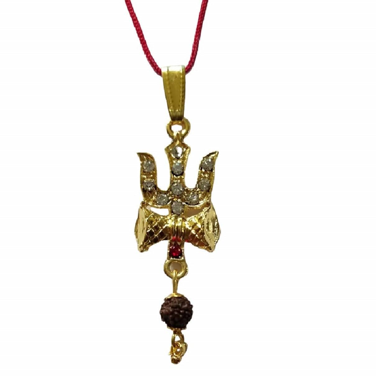     			ASTRODIDI Brass Gold Plated Lord Shiv Trishul Damru Pendant Locket with Rudraksha Zircon Beads for Men and Women