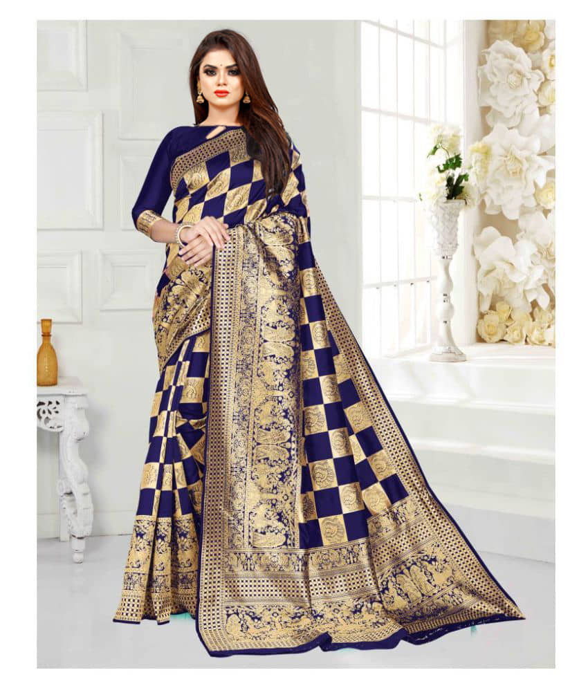 Gazal Fashions Banarasi Silk Printed Saree With Unstitched Blouse Piece ( Blue ) - Sarees | Buy online on ZillyBuy