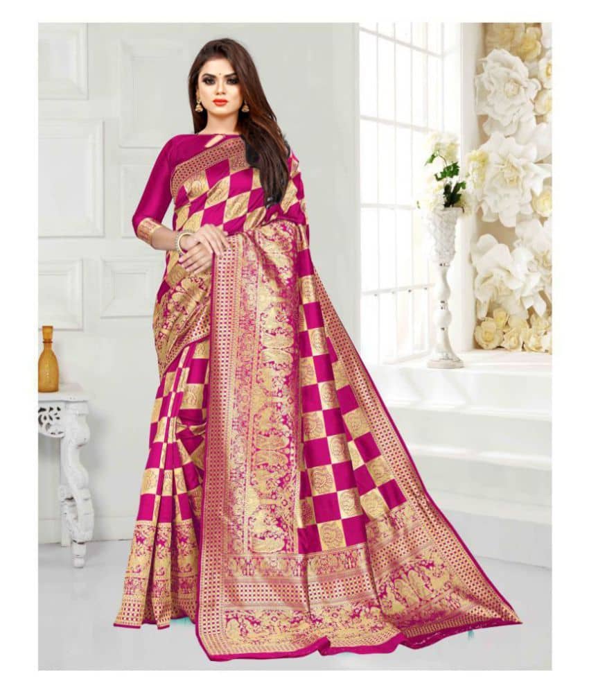 Gazal Fashions Banarasi Silk Printed Saree With Unstitched Blouse Piece ( Purple ) - Sarees | Buy online on ZillyBuy