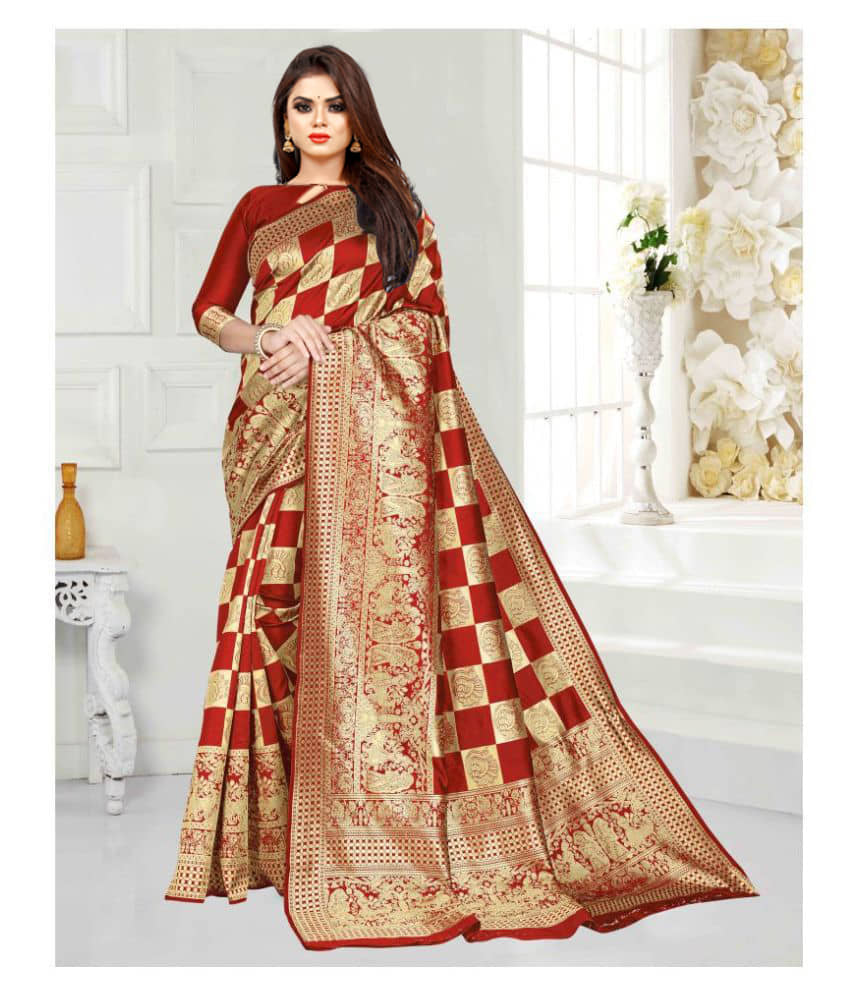 Gazal Fashions Banarasi Silk Printed Saree With Unstitched Blouse Piece ( Red ) - Sarees | Buy online on ZillyBuy