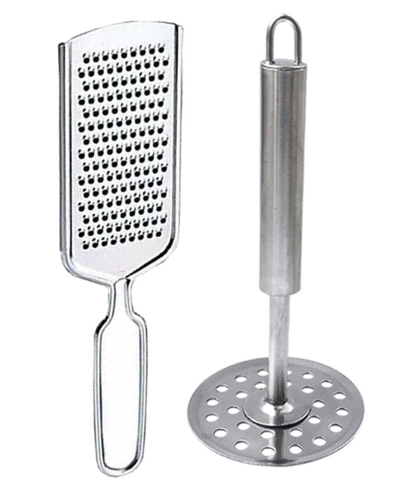 JISUN Stainless Steel Cheese Grater/ Vegetable & Fruit Grater And Potato masher/ Pav bhaji masher/Vegetable Masher Silver Kitchen Tool Set