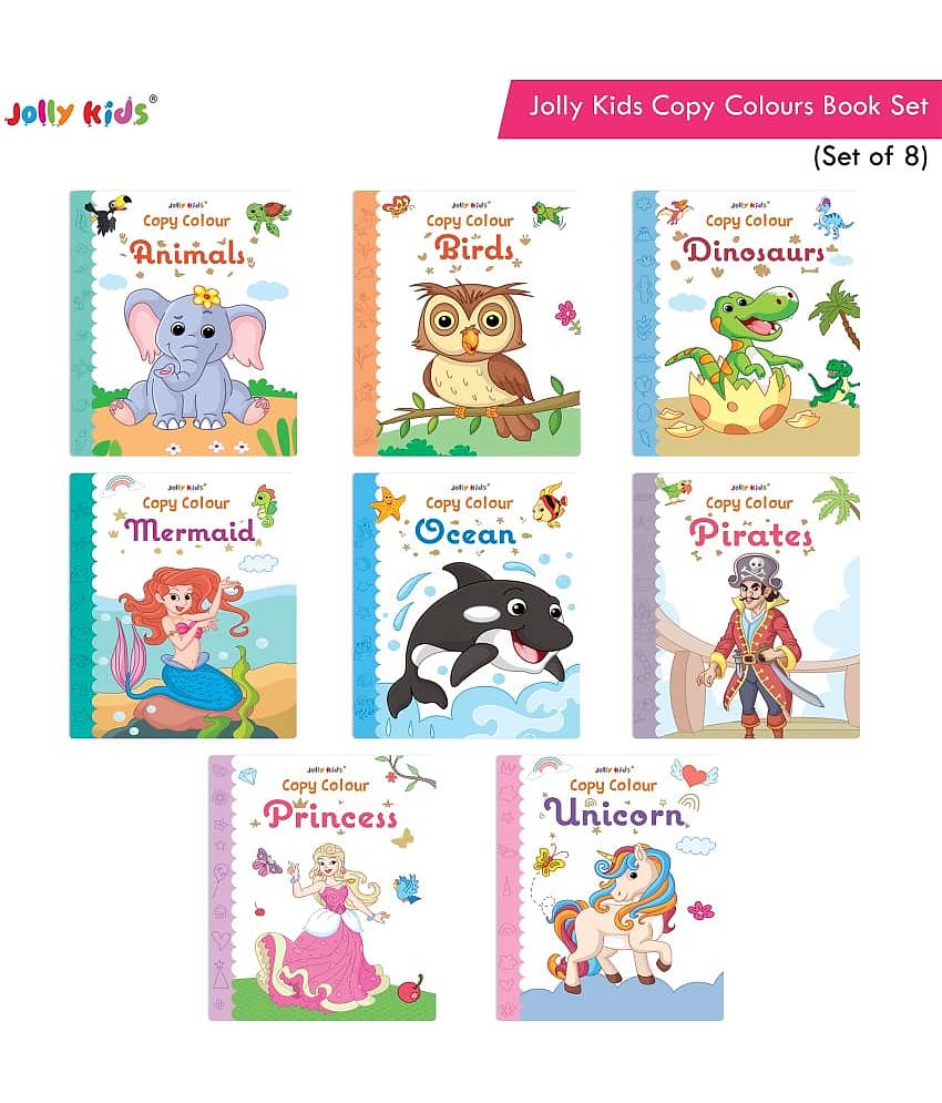 Jolly Kids Copy Colour Theme Books Set| Set of 8| Colouring Theme Activity Books: Animals, Flowers, Dinosaurs, Mermaid, Ocean, Pirates, Princess & Unicorn| Ages 3-10 Years| Each Book 32 Pages - Stationery | Buy online on ZillyBuy