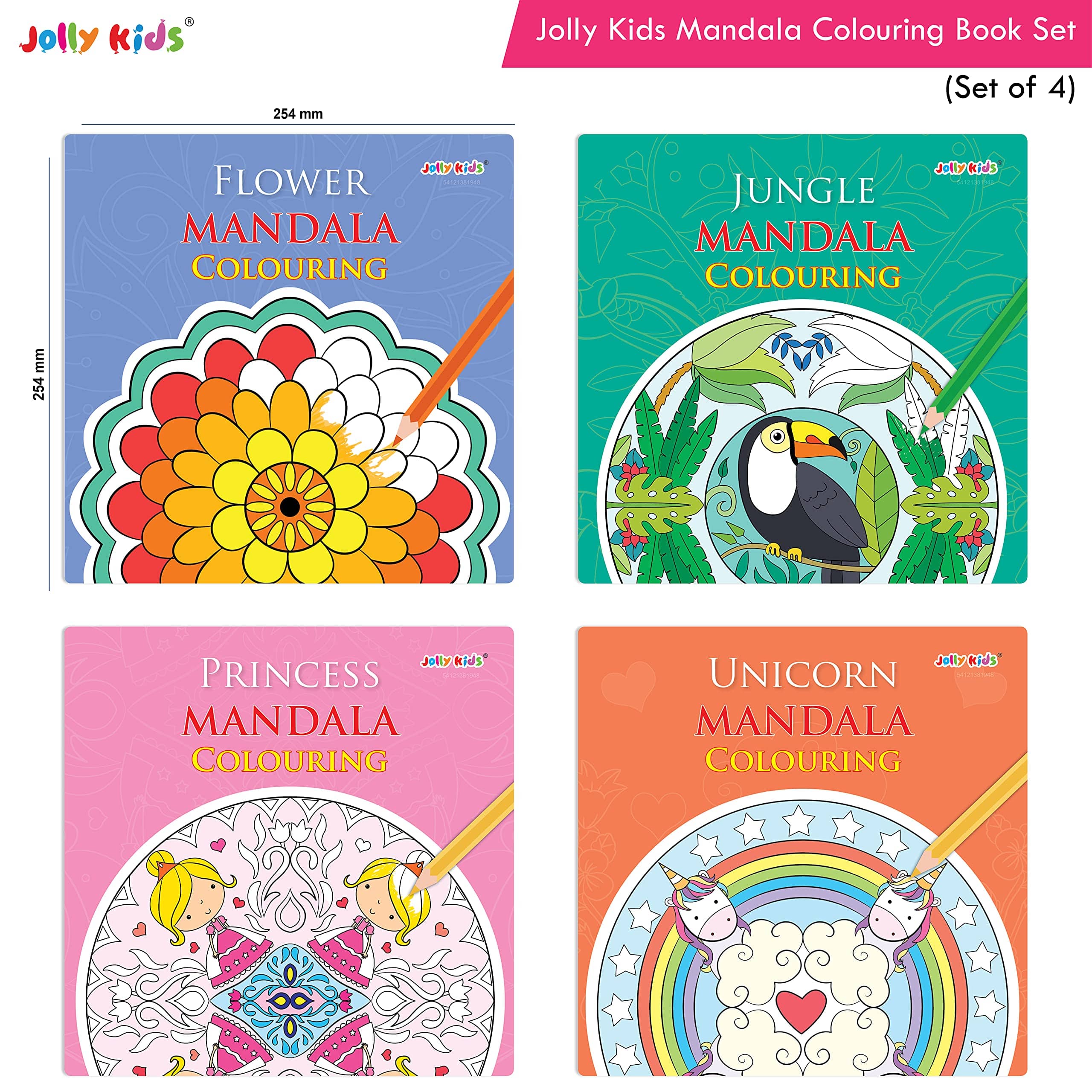 Jolly Kids Mandala Colouring Books Set| Set of 4| Stress Relieving Theme of Colouring Book Designs Flower, Jungle, Princess & Unicorn