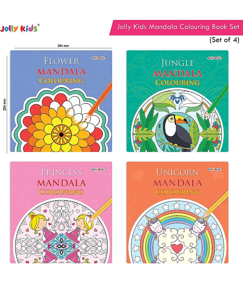 Jolly Kids Mandala Colouring Books Set| Set of 4| Stress Relieving Theme of Colouring Book Designs Flower, Jungle, Princess & Unicorn - Stationery | Buy online on ZillyBuy