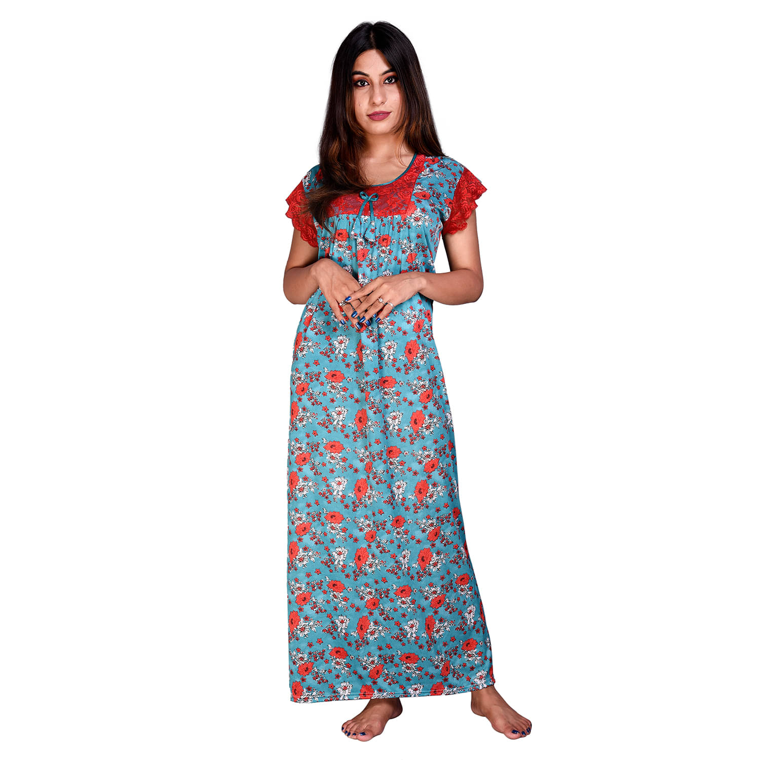 Raj Satin Nighty & Night Gowns - Turquoise Single     			Raj Satin Nighty & Night Gowns - Turquoise Single