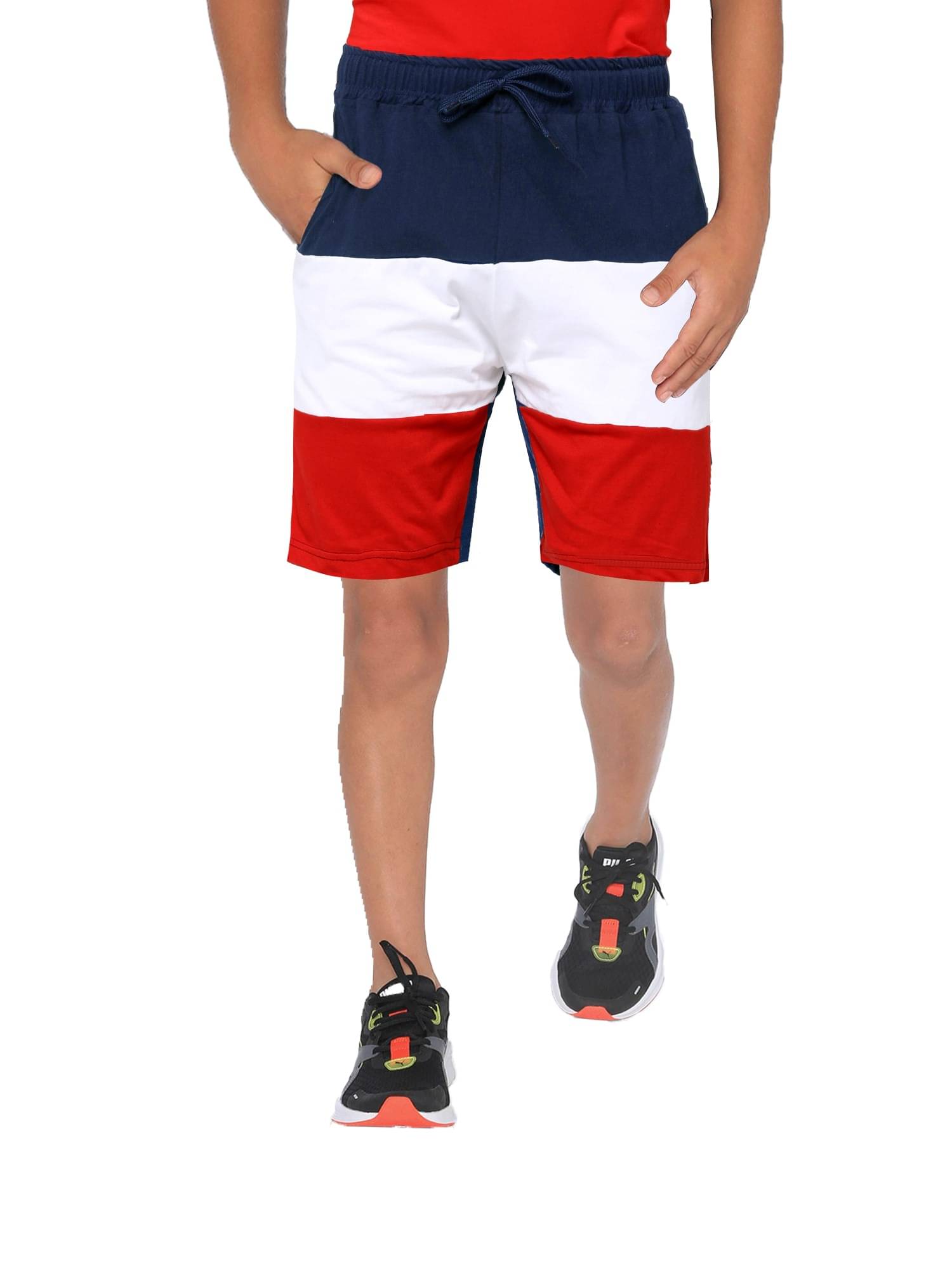     			Maniac Color Block Boy's Navy, White, Red Cotton Short's