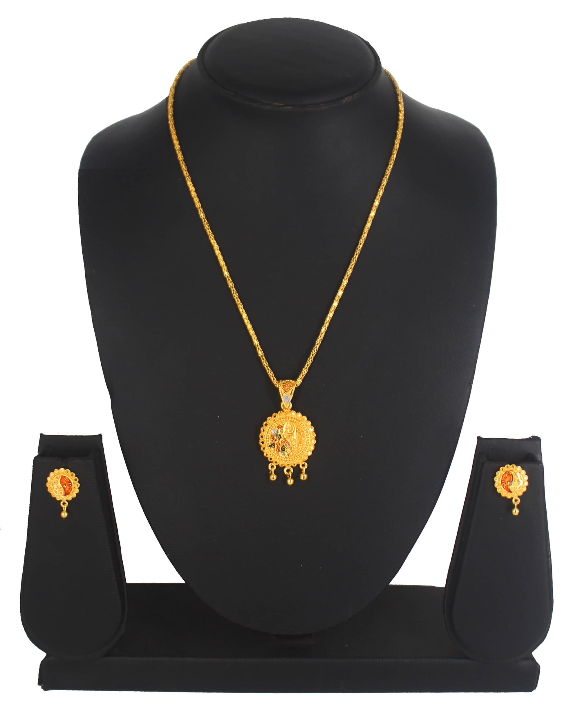     			SHANKHRAJ  MALL NON ADJUSTABLE GOLD PLATED MEENA KARI PENDANT SET WITH 18"INCH CHAIN AND EYERINGS-100406