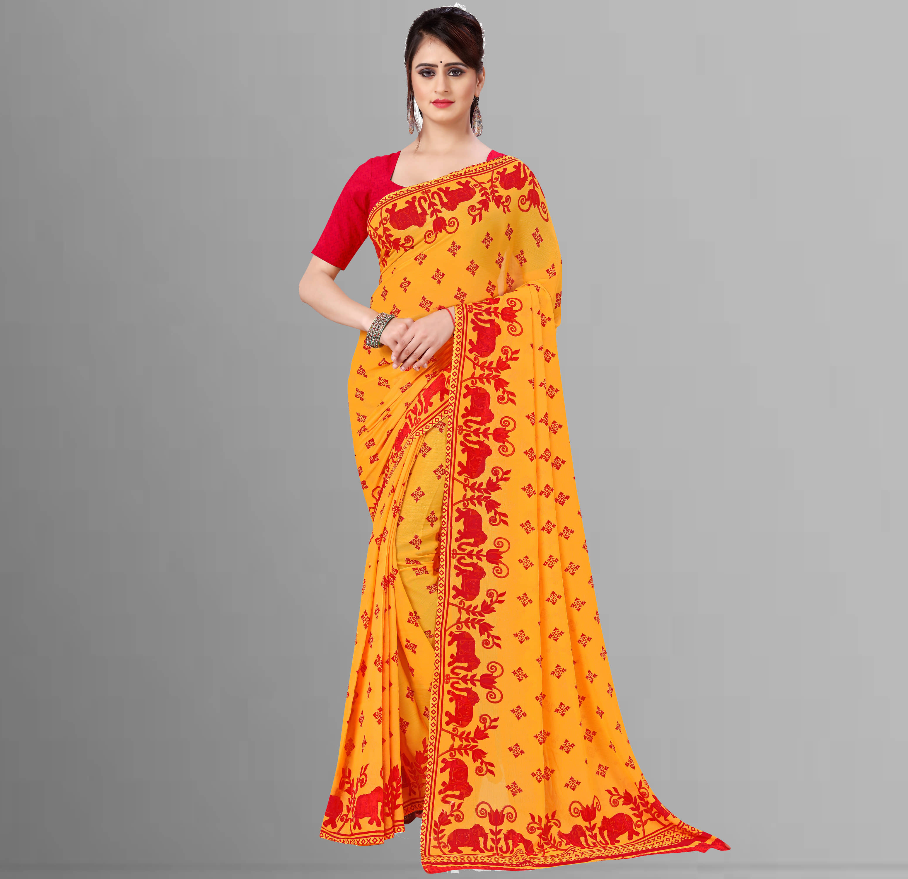 ANAND SAREES Georgette Saree With Unstitched Blouse Piece ( Yellow ) - Sarees | Buy online on ZillyBuy
