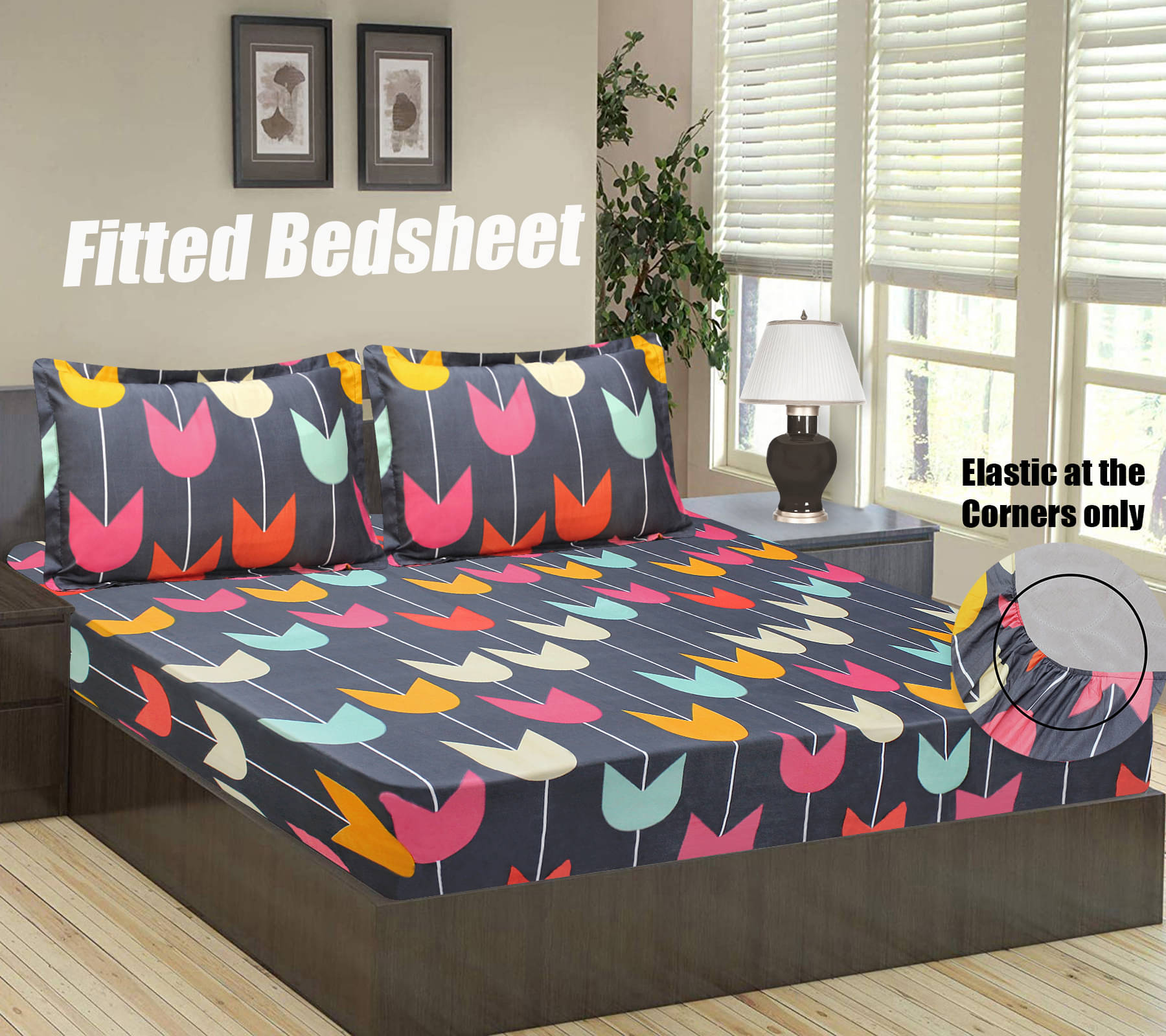     			Home Candy Microfiber Floral Fitted Double Bedsheet with 2 Pillow Covers- Multicolor