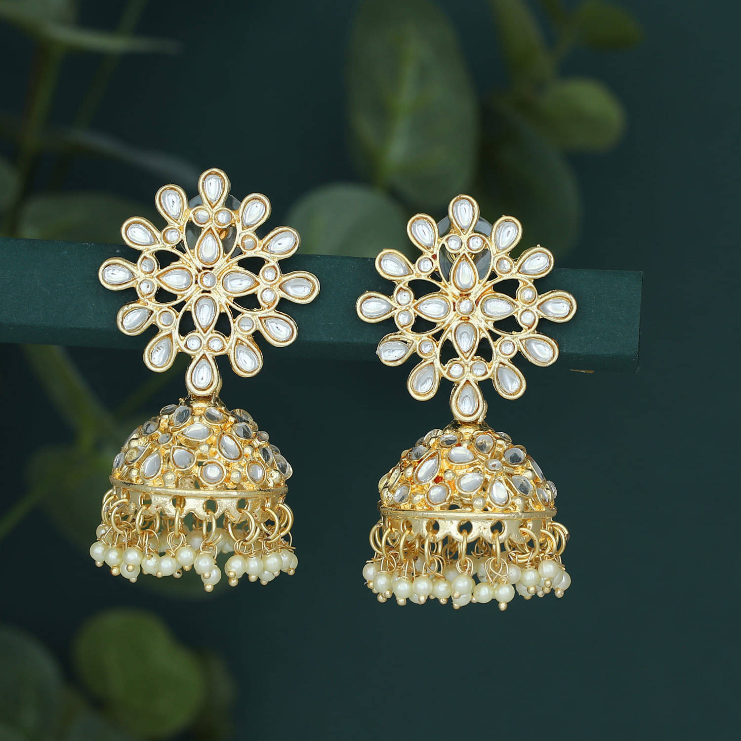     			Sukkhi Eye-Catching Pearl Gold Plated Kundan Jhumki Earring for Women