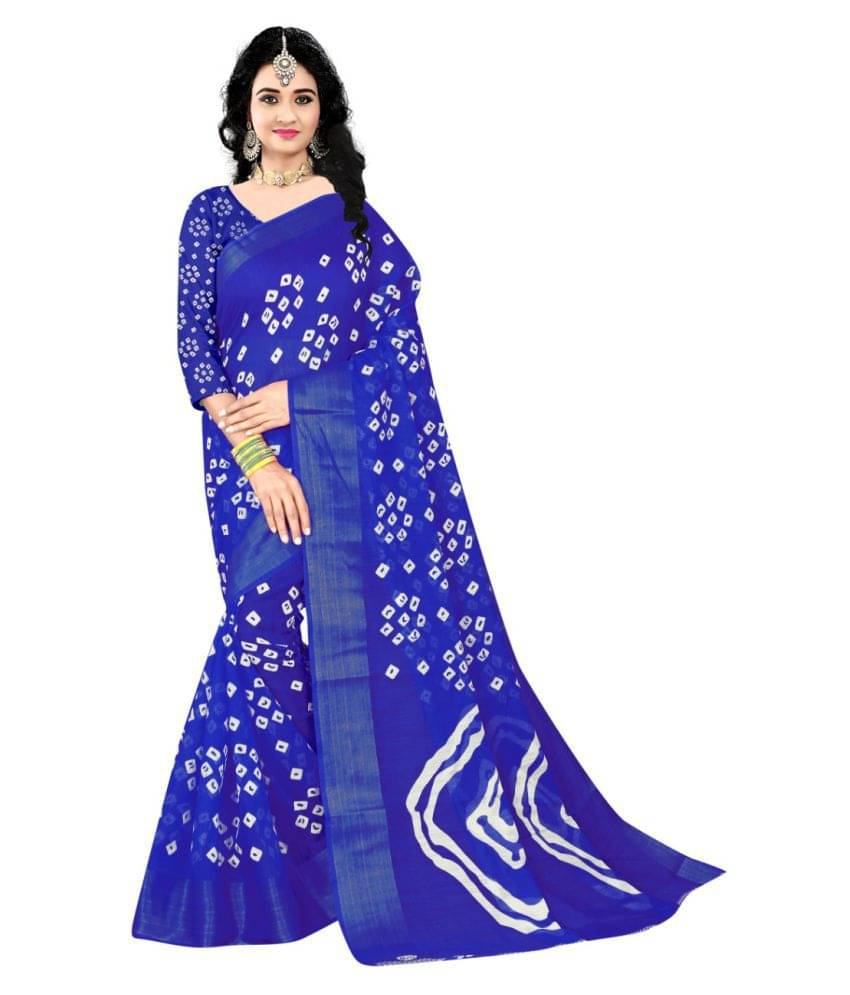     			Grubstaker Linen Printed Saree With Unstitched Blouse Piece ( Blue )