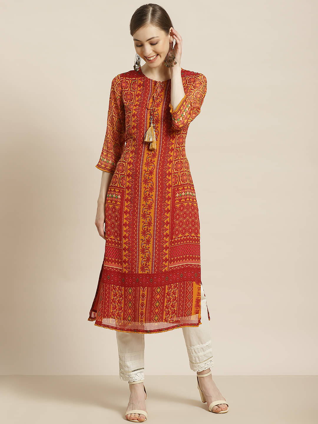 Juniper - Yellow Chiffon Women's Straight Kurti ( Pack of 1 )     			Juniper - Yellow Chiffon Women's Straight Kurti ( Pack of 1 )