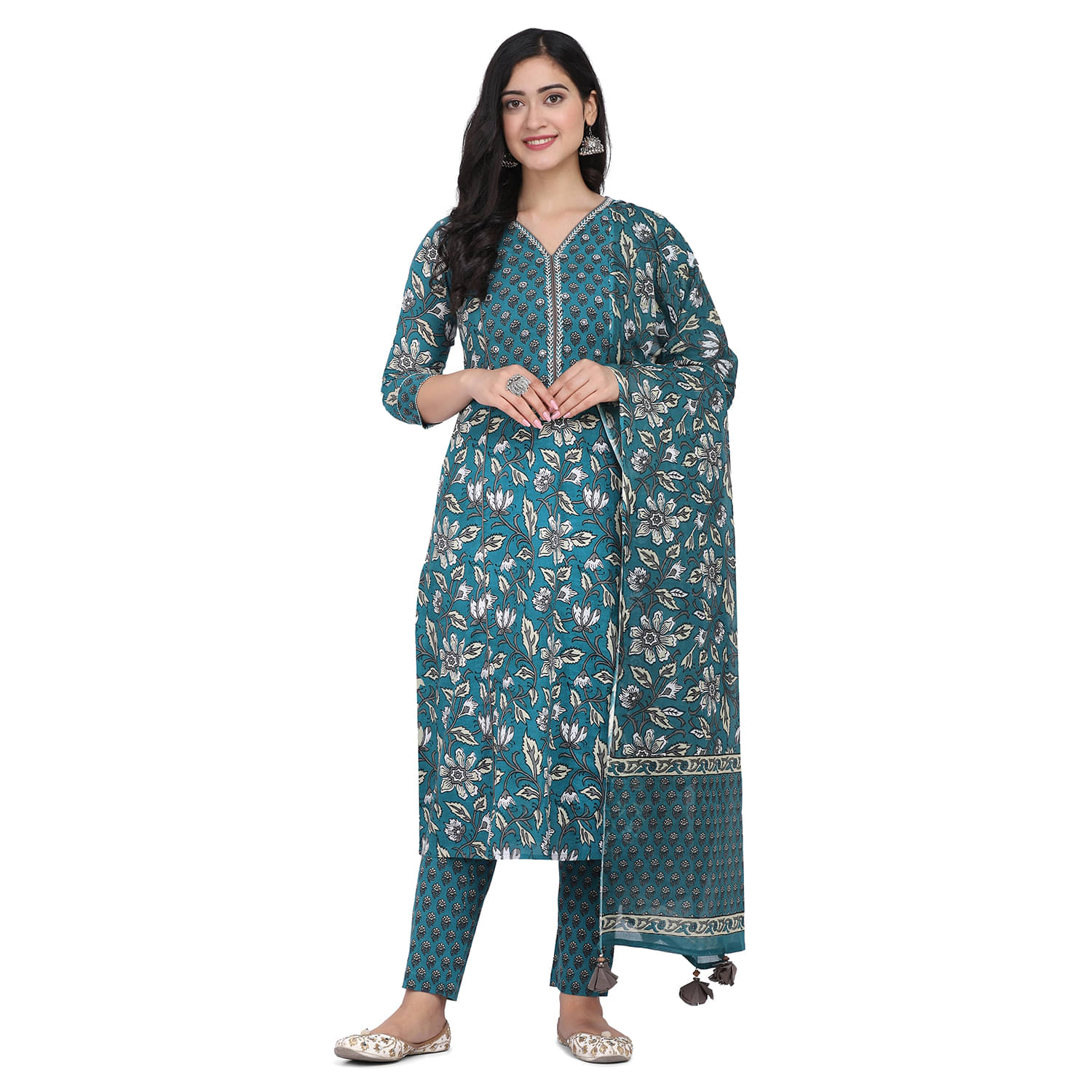     			Aarrah Blue Cotton Tiered Flared Kurti -