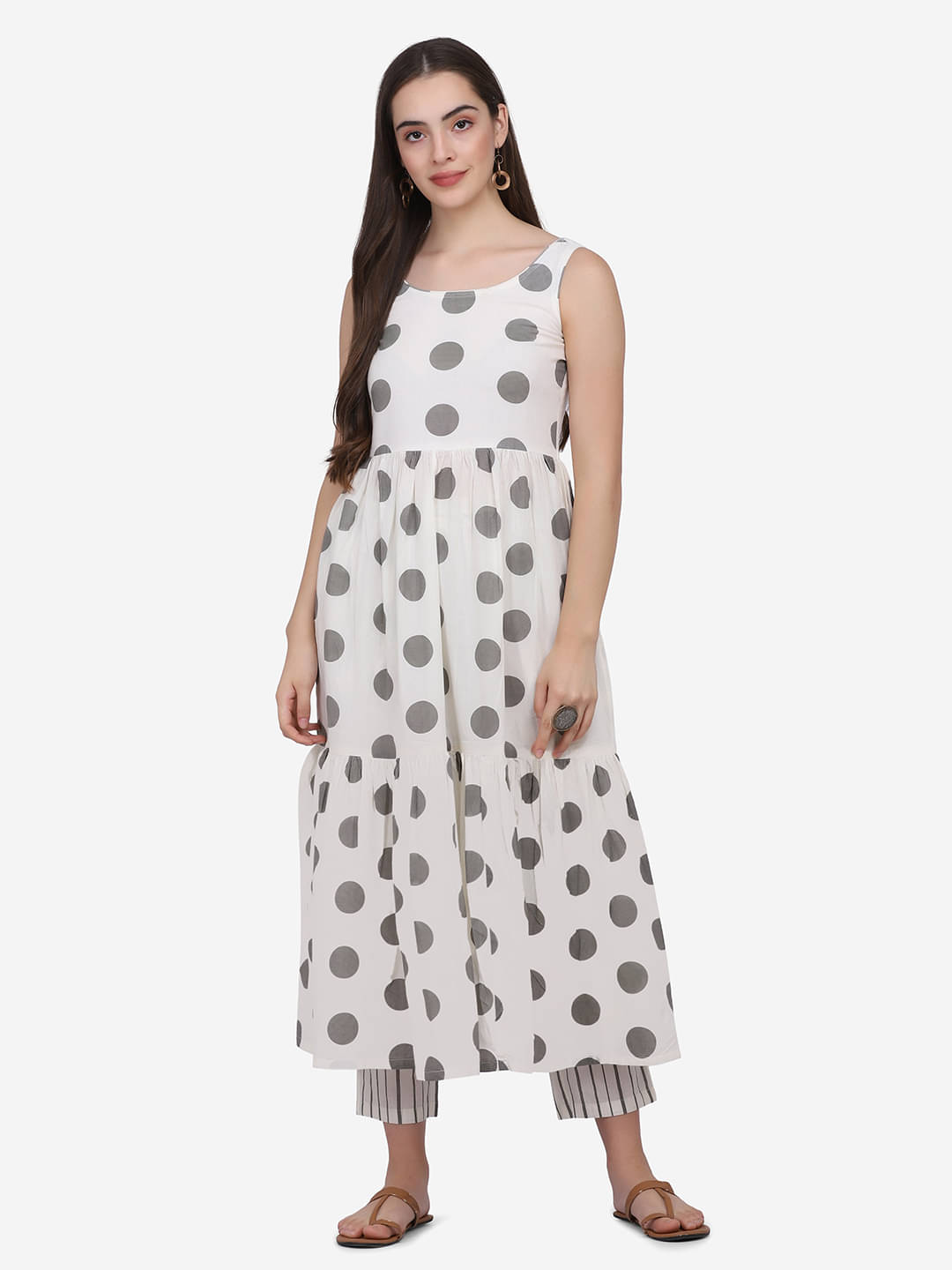 Aarrah White Cotton Tiered Flared Kurti - Aarrah White Cotton Tiered Flared Kurti -