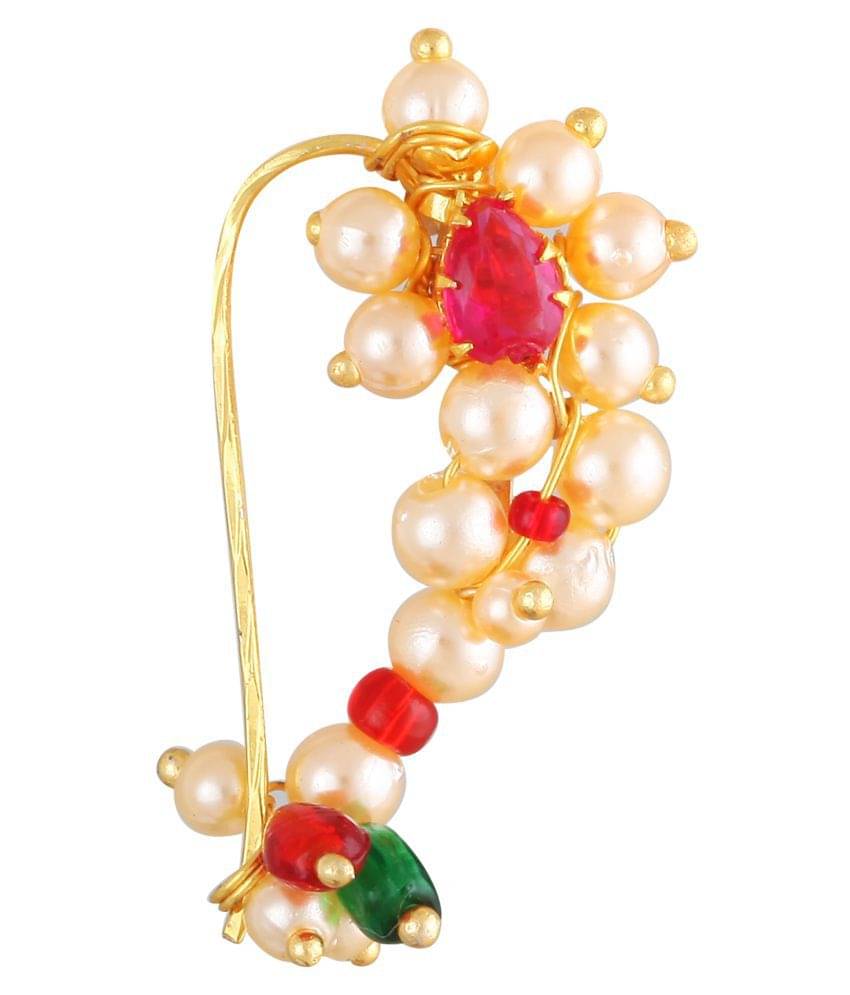 Vighnaharta Maharashtrian culture Nath Oxidised Gold with Artificial stone and beads and Pearls Alloy Mini Nose Ring -VFJ1028NTH-Tar     			Vighnaharta Maharashtrian culture Nath Oxidised Gold with Artificial stone and beads and Pearls Alloy Mini Nose Ring -VFJ1028NTH-Tar