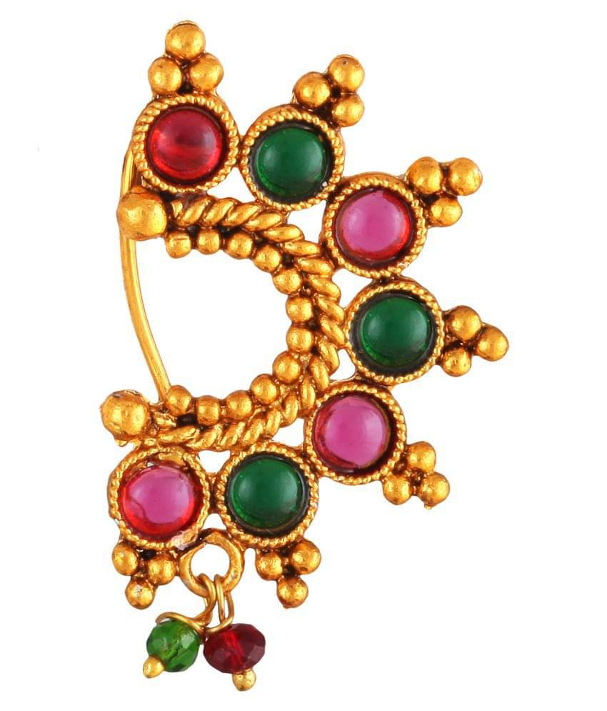 Vighnaharta Oxidised Gold with Artificial stone and beads Alloy Maharashtrian banu Nath Nathiya./ Nose Pin for women -VFJ1033NTH-Press Vighnaharta Oxidised Gold with Artificial stone and beads Alloy Maharashtrian banu Nath Nathiya./ Nose Pin for women -VFJ1033NTH-Press