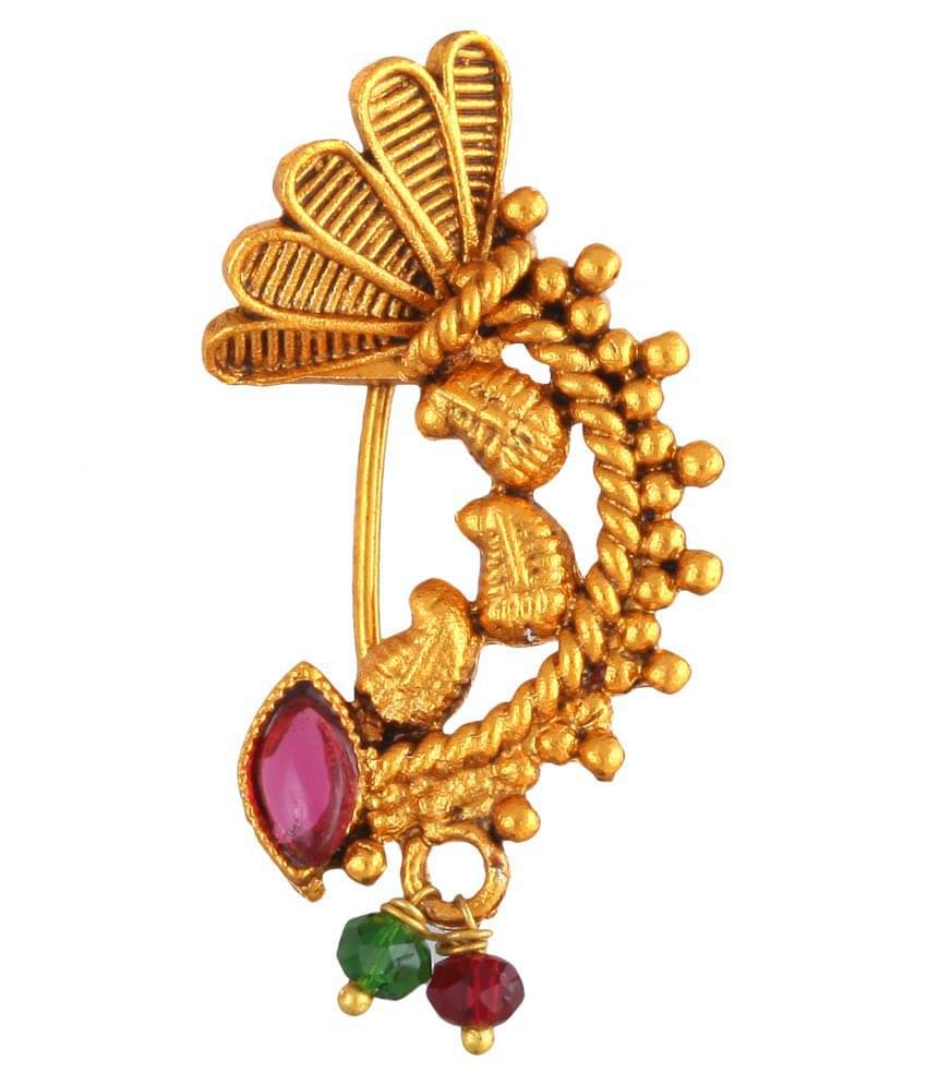    			Vighnaharta Oxidised Gold with Artificial stone and beads Red Stone Alloy Maharashtrian Nath Nathiya./ Nose Pin for women-VFJ1036NTH-Press