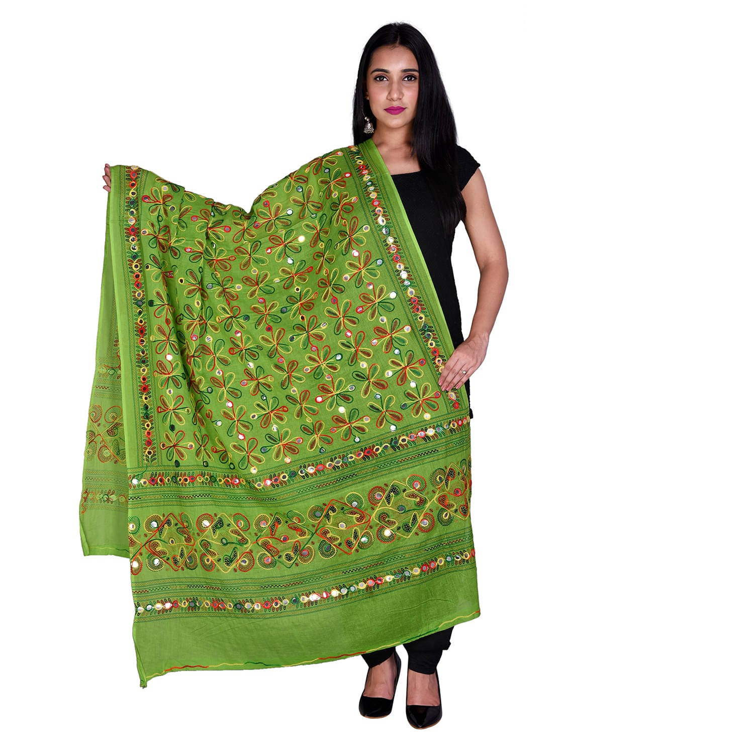     			Raj Green Cotton Aari Embroidered Dupatta - Single