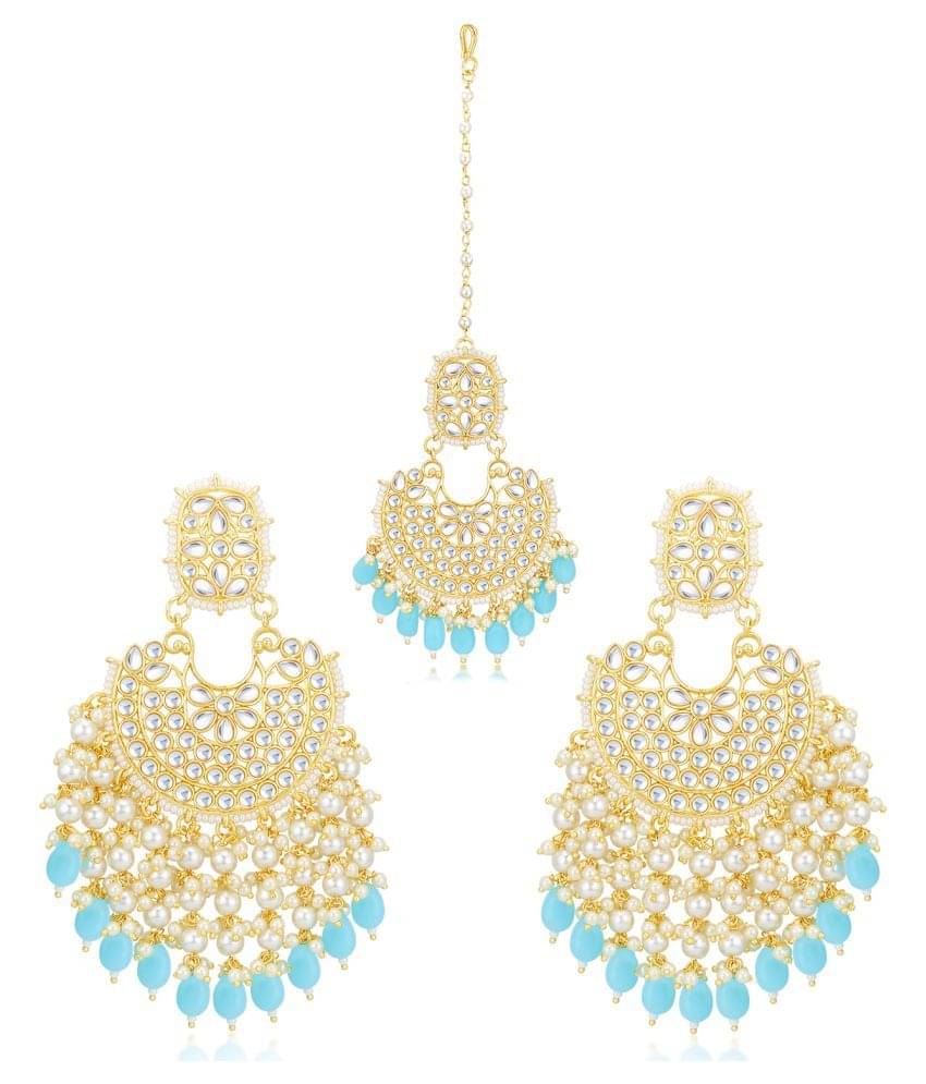     			Sukkhi Modish Kundan Gold Plated Pearl Earring Maangtikka Set for Women