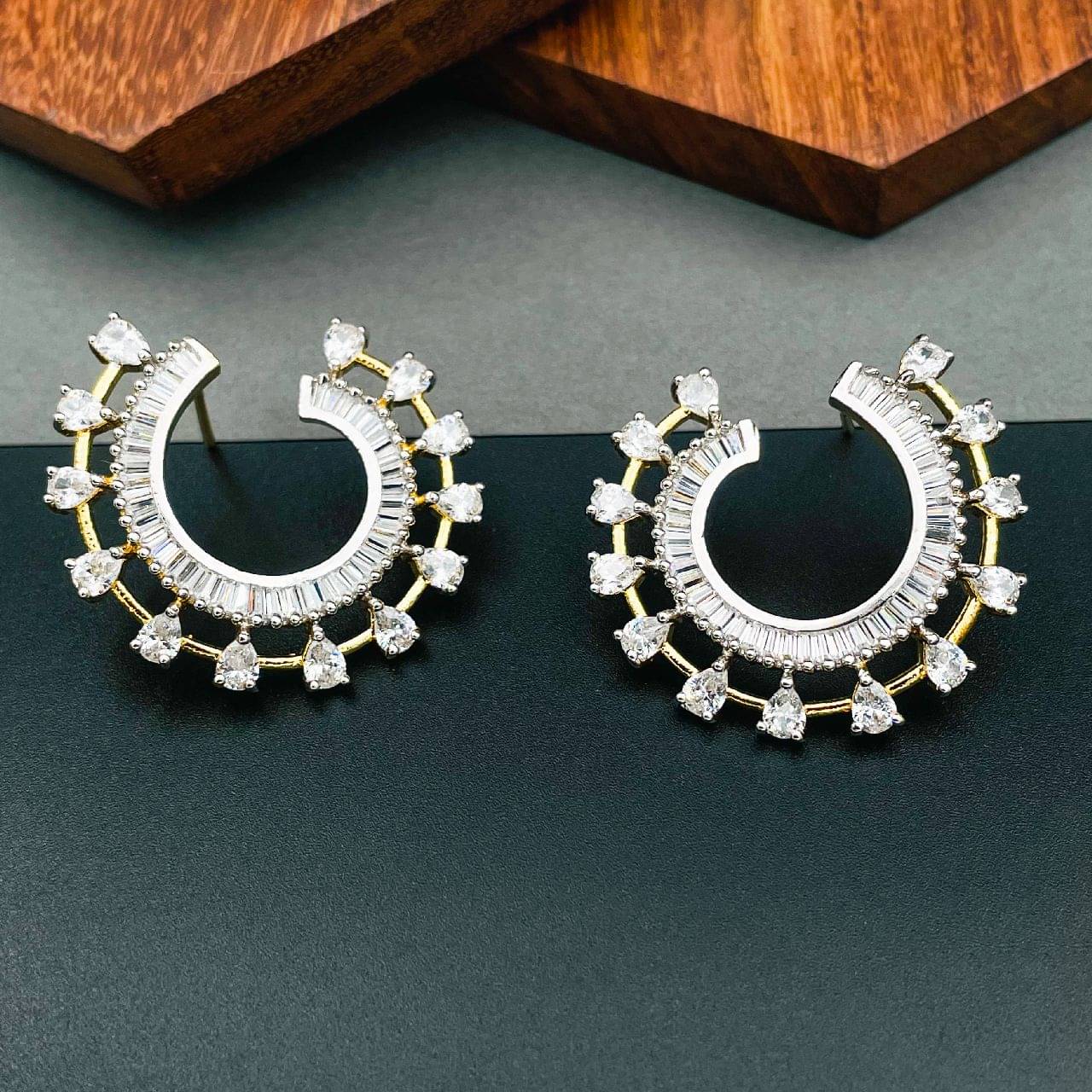    			The Jewelbox Chaand Crescent American Diamond Baguette 18K Gold Plated Classic Stud Earring for Women