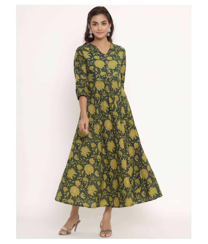 Angiya Green Cotton Anarkali Kurti - - Kurtis, Tunics | Buy online on ZillyBuy