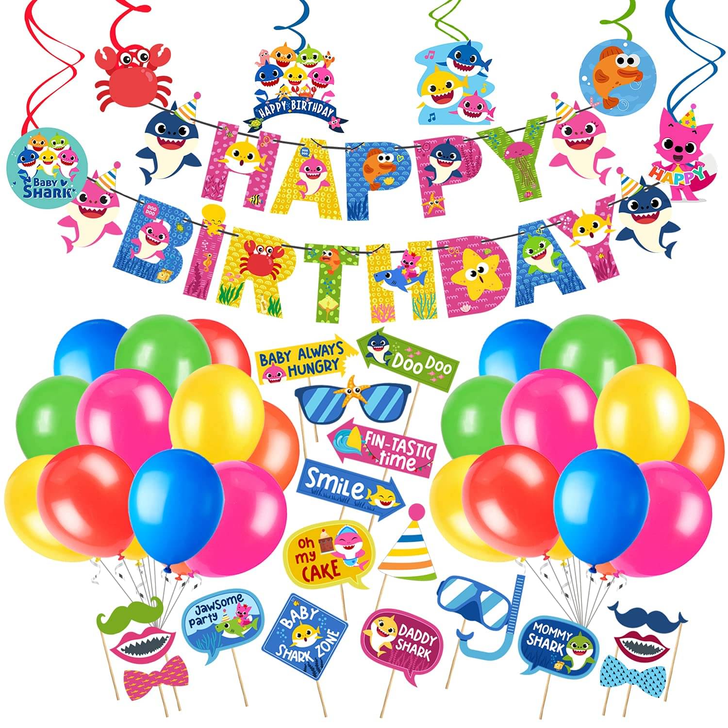     			Baby Shark Birthday Decorations Kit - 50 Piece Shark Themed Birthday Supplies Set |Includes Banner,Swirls ,PHOTOBOOTH ,,Ballons,Shark Party Supplies (50 PCS Combo)
