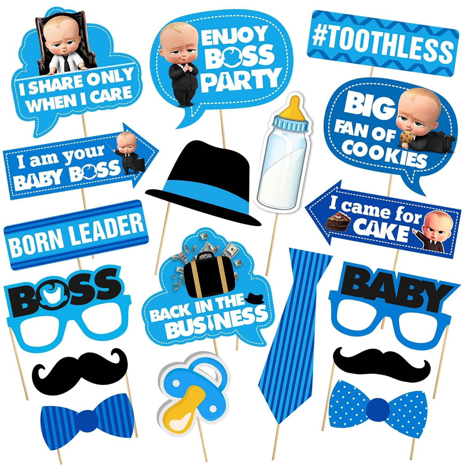     			Boss Baby Birthday Photo Booth Props 18 Pieces with Wooden Sticks for Boss Baby Birthday Party Decorations,Baby Boss Party Supplies